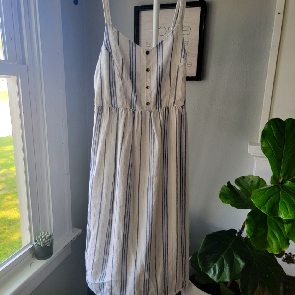 Midi length linen spaghetti strap dress